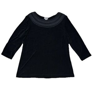 Chico's‎ Travelers Solid Black Stretchy Slinky Blouse Top Size 2 Embroidered